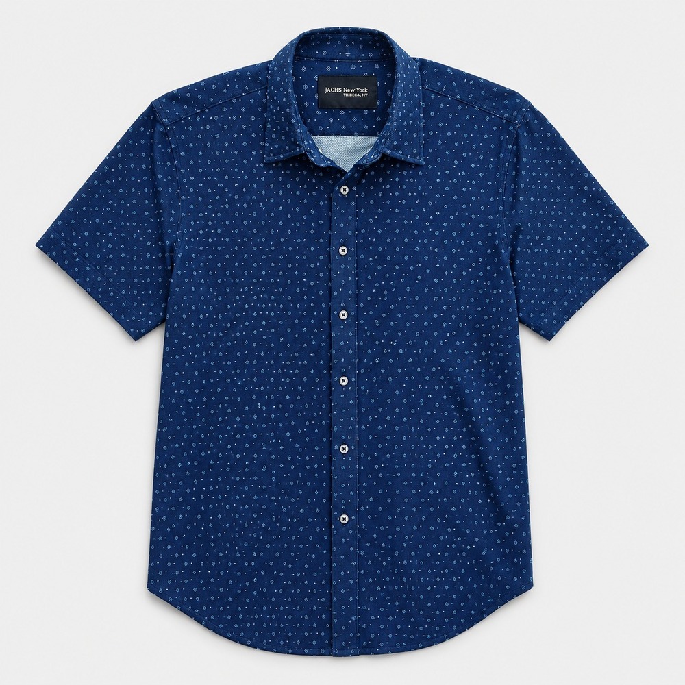 Jachs NY Men's L‎ Navy Geometric Print Button Up Casual Shirt Short Sleeve